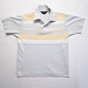 Vintage Claybrooke Polo Striped Knit Blue Beige 80s Made USA Large Shirt